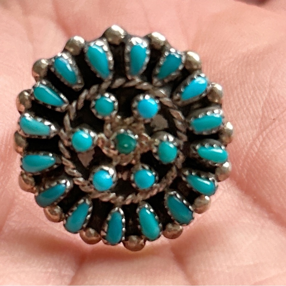 Vintage Zuni Turquoise Cluster Sterling Silver Ring - Picture 7 of 14